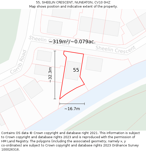 55, SHEELIN CRESCENT, NUNEATON, CV10 0HZ: Plot and title map