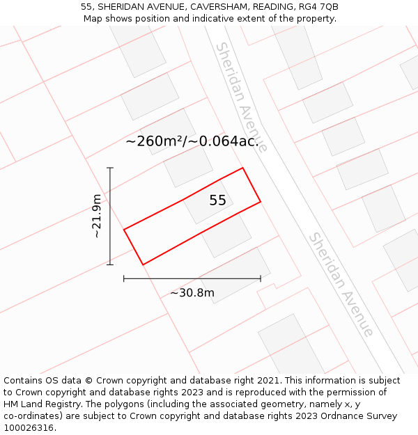 55, SHERIDAN AVENUE, CAVERSHAM, READING, RG4 7QB: Plot and title map