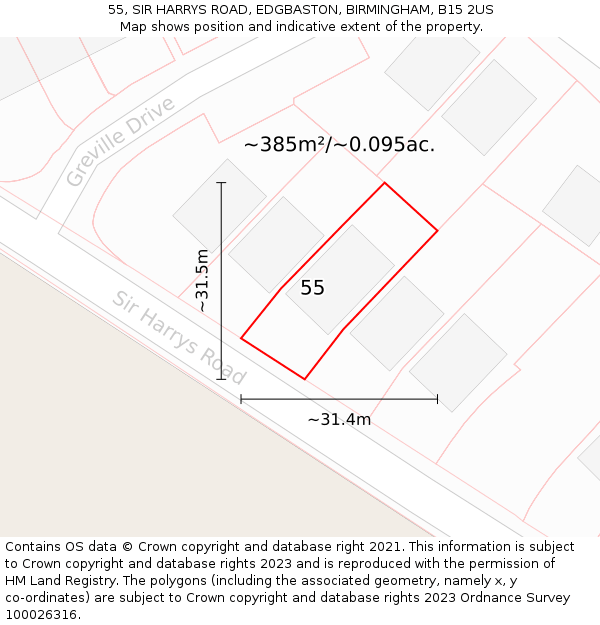 55, SIR HARRYS ROAD, EDGBASTON, BIRMINGHAM, B15 2US: Plot and title map