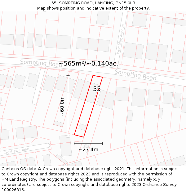 55, SOMPTING ROAD, LANCING, BN15 9LB: Plot and title map