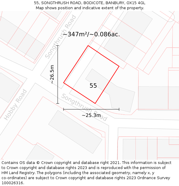 55, SONGTHRUSH ROAD, BODICOTE, BANBURY, OX15 4GL: Plot and title map