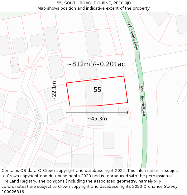 55, SOUTH ROAD, BOURNE, PE10 9JD: Plot and title map