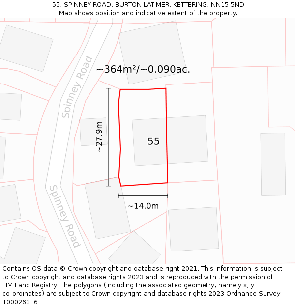 55, SPINNEY ROAD, BURTON LATIMER, KETTERING, NN15 5ND: Plot and title map