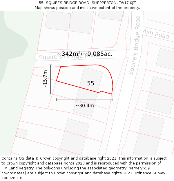 55, SQUIRES BRIDGE ROAD, SHEPPERTON, TW17 0JZ: Plot and title map