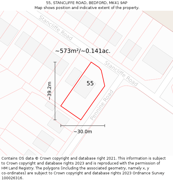 55, STANCLIFFE ROAD, BEDFORD, MK41 9AP: Plot and title map