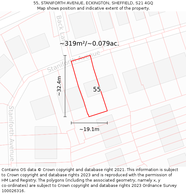 55, STANIFORTH AVENUE, ECKINGTON, SHEFFIELD, S21 4GQ: Plot and title map