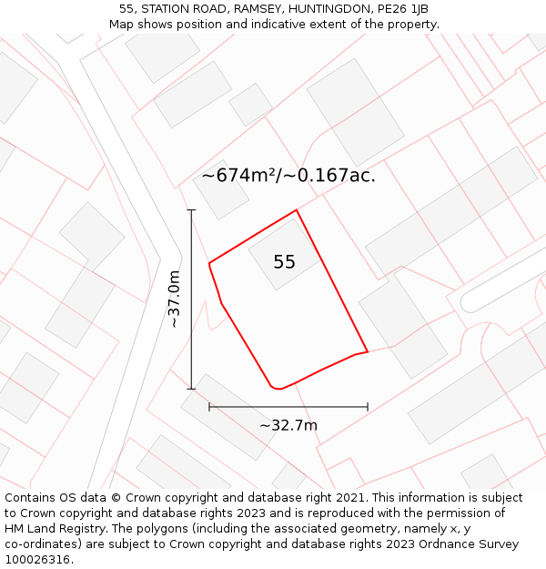 55, STATION ROAD, RAMSEY, HUNTINGDON, PE26 1JB: Plot and title map