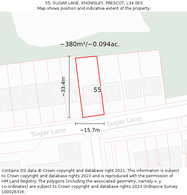 55, SUGAR LANE, KNOWSLEY, PRESCOT, L34 0ES: Plot and title map