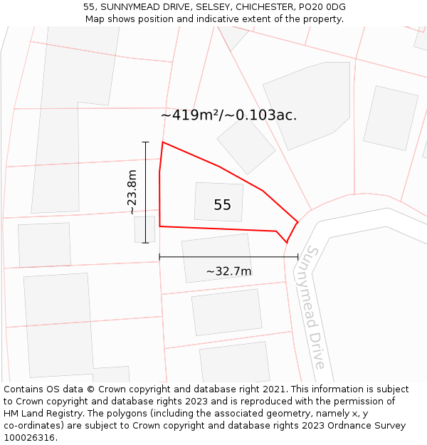 55, SUNNYMEAD DRIVE, SELSEY, CHICHESTER, PO20 0DG: Plot and title map