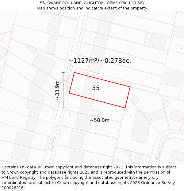 55, SWANPOOL LANE, AUGHTON, ORMSKIRK, L39 5AY: Plot and title map