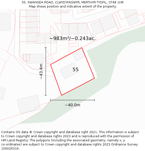 55, SWANSEA ROAD, CLWYDYFAGWYR, MERTHYR TYDFIL, CF48 1HR: Plot and title map