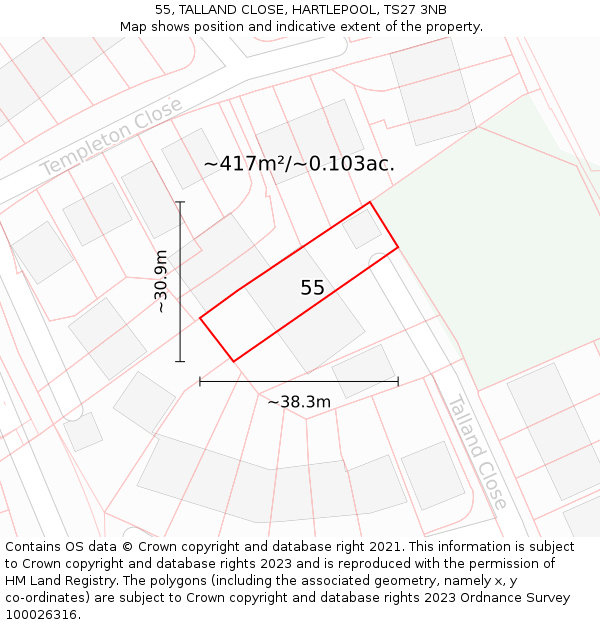 55, TALLAND CLOSE, HARTLEPOOL, TS27 3NB: Plot and title map