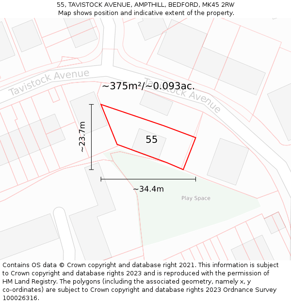 55, TAVISTOCK AVENUE, AMPTHILL, BEDFORD, MK45 2RW: Plot and title map
