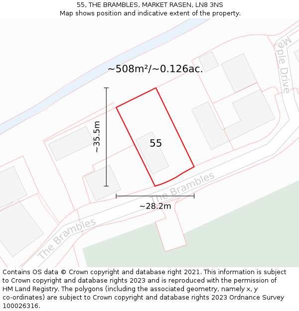 55, THE BRAMBLES, MARKET RASEN, LN8 3NS: Plot and title map