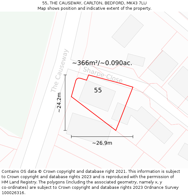 55, THE CAUSEWAY, CARLTON, BEDFORD, MK43 7LU: Plot and title map