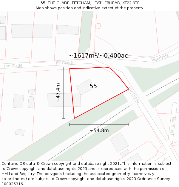 55, THE GLADE, FETCHAM, LEATHERHEAD, KT22 9TF: Plot and title map