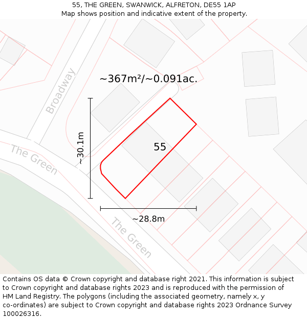 55, THE GREEN, SWANWICK, ALFRETON, DE55 1AP: Plot and title map