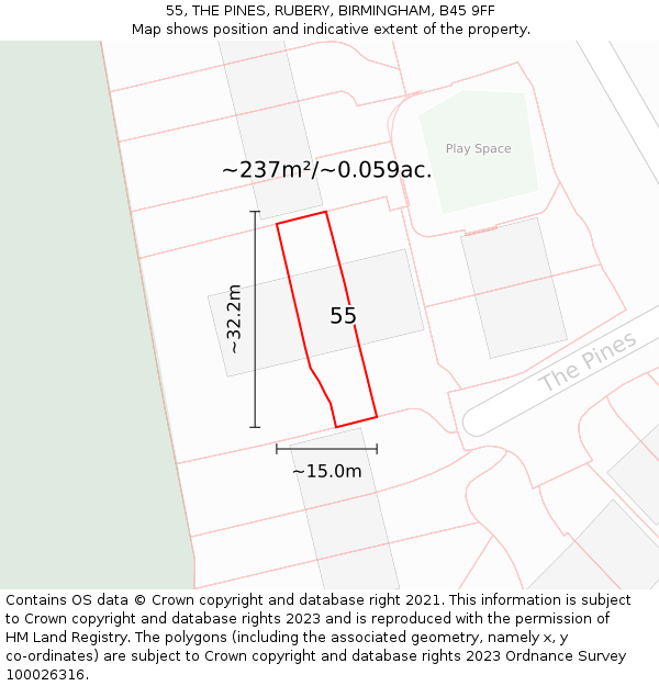 55, THE PINES, RUBERY, BIRMINGHAM, B45 9FF: Plot and title map