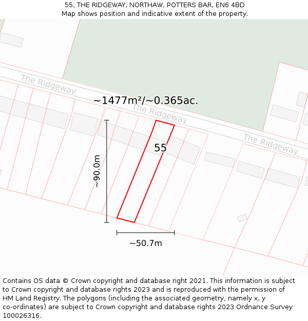 55, THE RIDGEWAY, NORTHAW, POTTERS BAR, EN6 4BD: Plot and title map