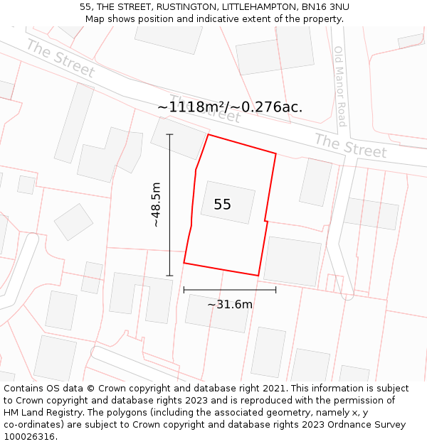 55, THE STREET, RUSTINGTON, LITTLEHAMPTON, BN16 3NU: Plot and title map