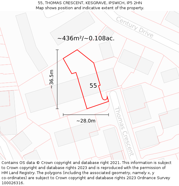 55, THOMAS CRESCENT, KESGRAVE, IPSWICH, IP5 2HN: Plot and title map