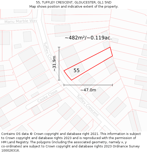 55, TUFFLEY CRESCENT, GLOUCESTER, GL1 5ND: Plot and title map