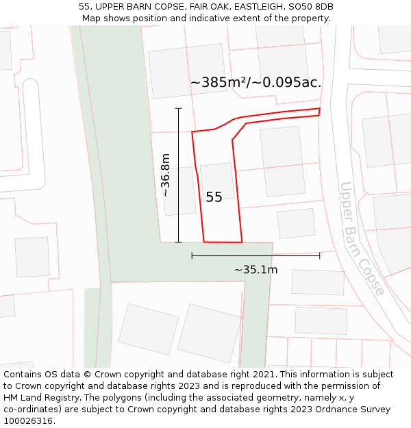 55, UPPER BARN COPSE, FAIR OAK, EASTLEIGH, SO50 8DB: Plot and title map