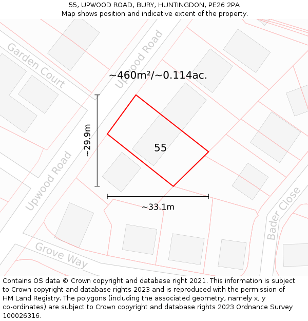 55, UPWOOD ROAD, BURY, HUNTINGDON, PE26 2PA: Plot and title map