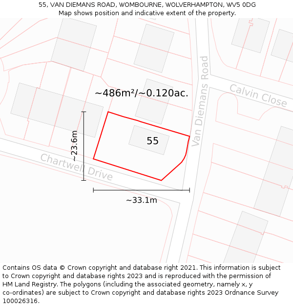 55, VAN DIEMANS ROAD, WOMBOURNE, WOLVERHAMPTON, WV5 0DG: Plot and title map