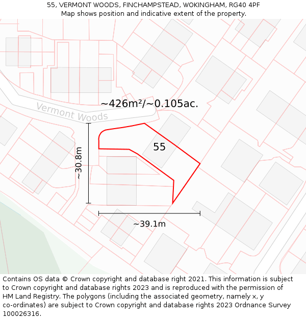 55, VERMONT WOODS, FINCHAMPSTEAD, WOKINGHAM, RG40 4PF: Plot and title map