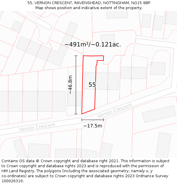 55, VERNON CRESCENT, RAVENSHEAD, NOTTINGHAM, NG15 9BP: Plot and title map