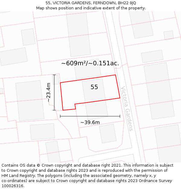 55, VICTORIA GARDENS, FERNDOWN, BH22 9JQ: Plot and title map