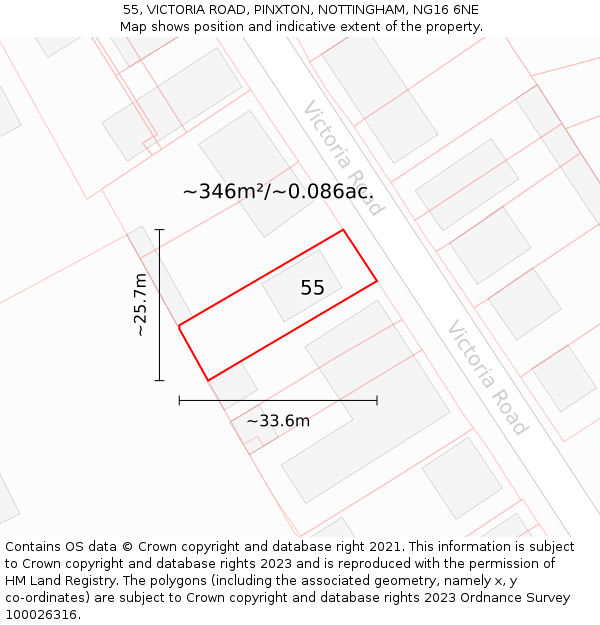 55, VICTORIA ROAD, PINXTON, NOTTINGHAM, NG16 6NE: Plot and title map