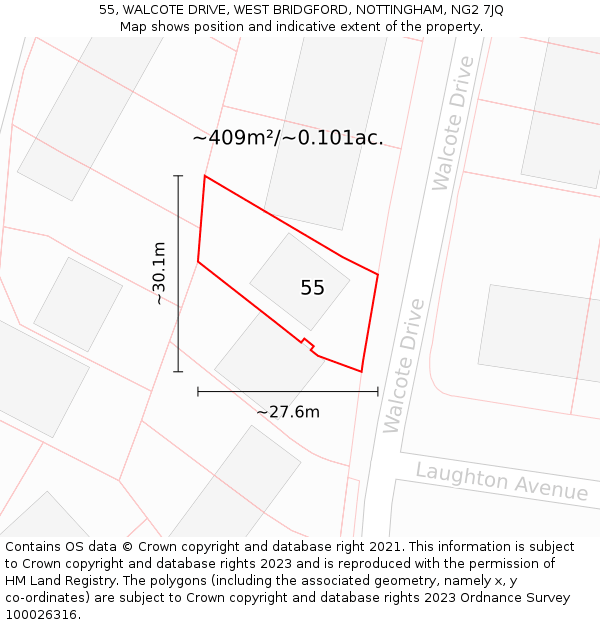 55, WALCOTE DRIVE, WEST BRIDGFORD, NOTTINGHAM, NG2 7JQ: Plot and title map