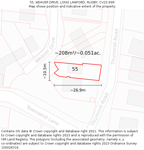 55, WEAVER DRIVE, LONG LAWFORD, RUGBY, CV23 9SR: Plot and title map