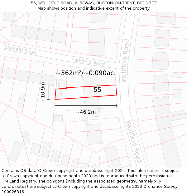 55, WELLFIELD ROAD, ALREWAS, BURTON-ON-TRENT, DE13 7EZ: Plot and title map