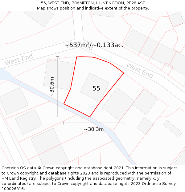 55, WEST END, BRAMPTON, HUNTINGDON, PE28 4SF: Plot and title map