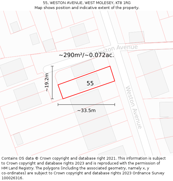 55, WESTON AVENUE, WEST MOLESEY, KT8 1RG: Plot and title map