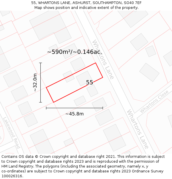 55, WHARTONS LANE, ASHURST, SOUTHAMPTON, SO40 7EF: Plot and title map