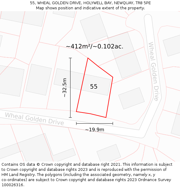 55, WHEAL GOLDEN DRIVE, HOLYWELL BAY, NEWQUAY, TR8 5PE: Plot and title map