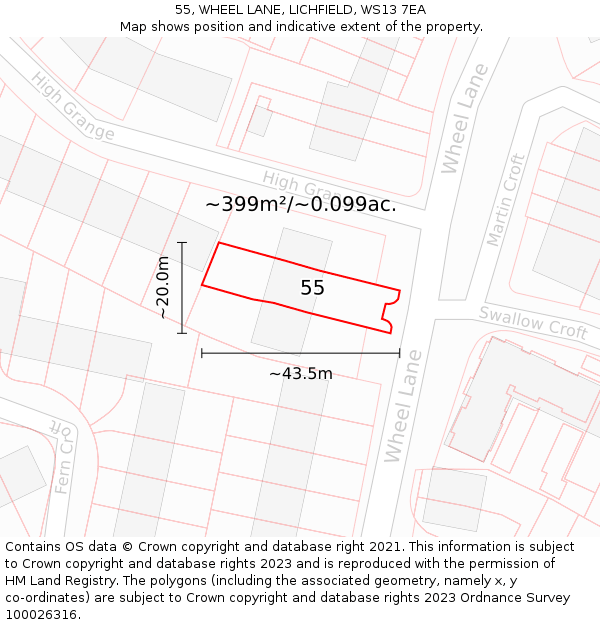 55, WHEEL LANE, LICHFIELD, WS13 7EA: Plot and title map