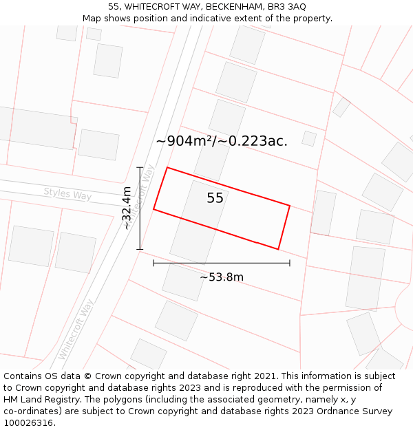 55, WHITECROFT WAY, BECKENHAM, BR3 3AQ: Plot and title map