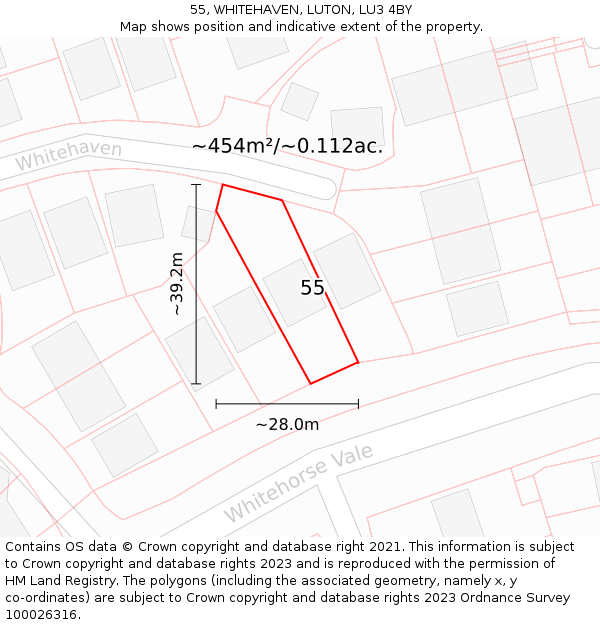 55, WHITEHAVEN, LUTON, LU3 4BY: Plot and title map