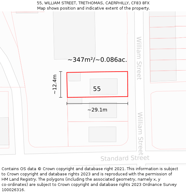 55, WILLIAM STREET, TRETHOMAS, CAERPHILLY, CF83 8FX: Plot and title map