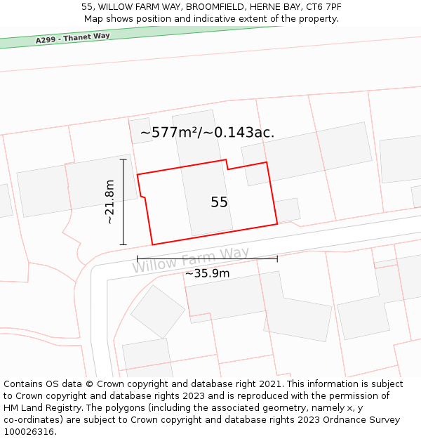 55, WILLOW FARM WAY, BROOMFIELD, HERNE BAY, CT6 7PF: Plot and title map