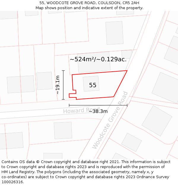 55, WOODCOTE GROVE ROAD, COULSDON, CR5 2AH: Plot and title map