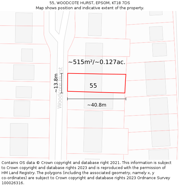 55, WOODCOTE HURST, EPSOM, KT18 7DS: Plot and title map