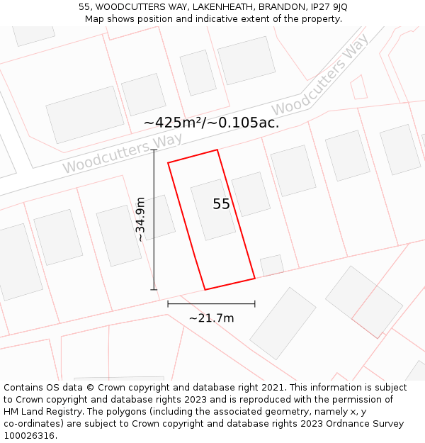 55, WOODCUTTERS WAY, LAKENHEATH, BRANDON, IP27 9JQ: Plot and title map