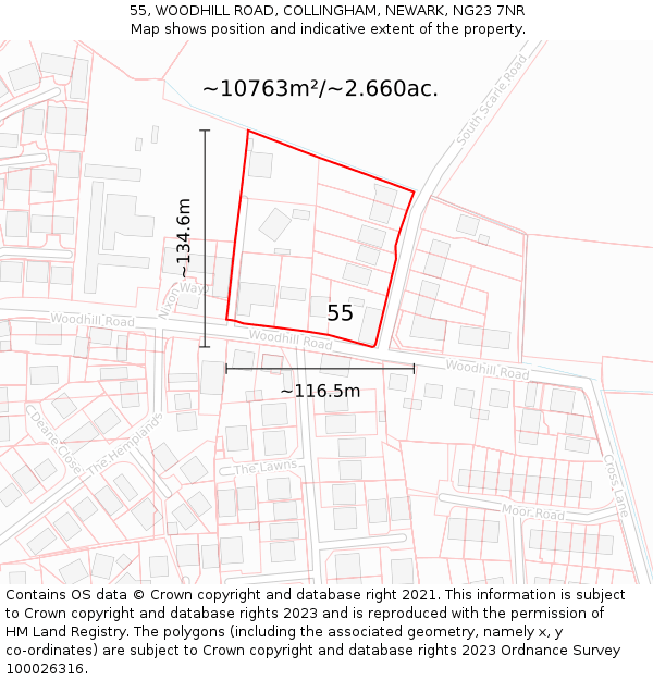 55, WOODHILL ROAD, COLLINGHAM, NEWARK, NG23 7NR: Plot and title map