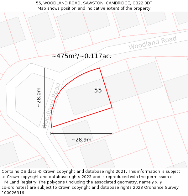 55, WOODLAND ROAD, SAWSTON, CAMBRIDGE, CB22 3DT: Plot and title map